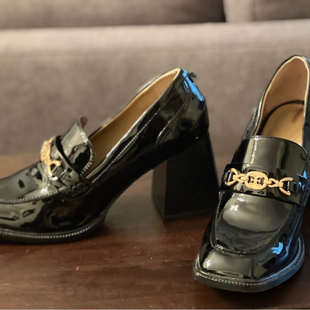 Sam Edelman NY Quincy Black Patent Leather Chunky Heel Loafers Gold Chain US 11